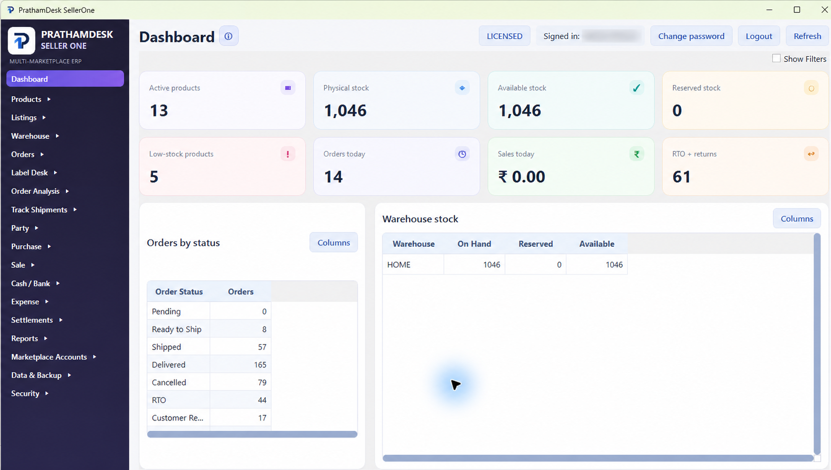 PrathmEx SellerOne dashboard showing stock and order overview cards