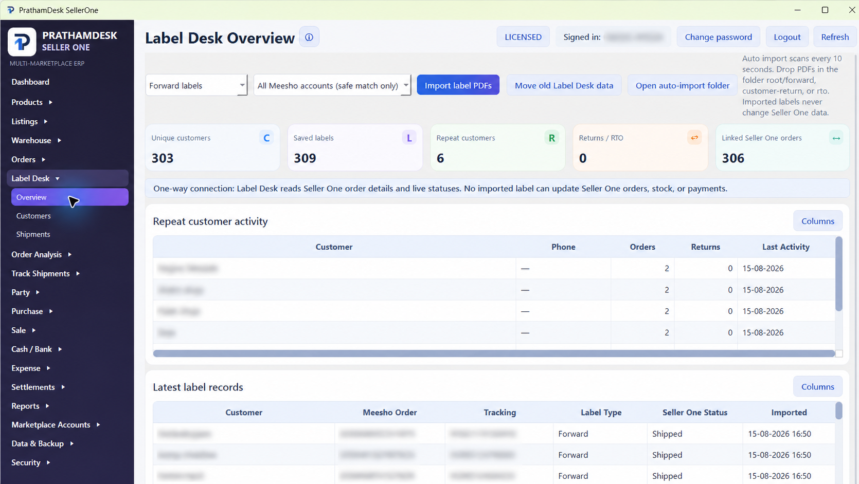 PrathmEx SellerOne Label Desk overview