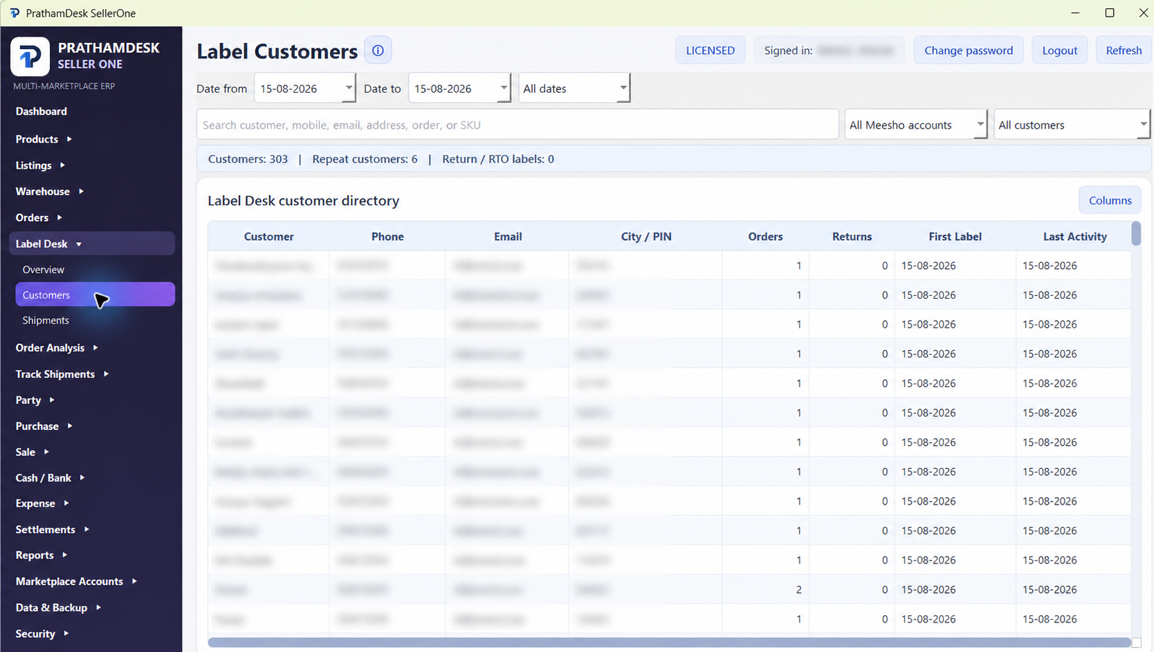 PrathmEx SellerOne Label Desk customer filters